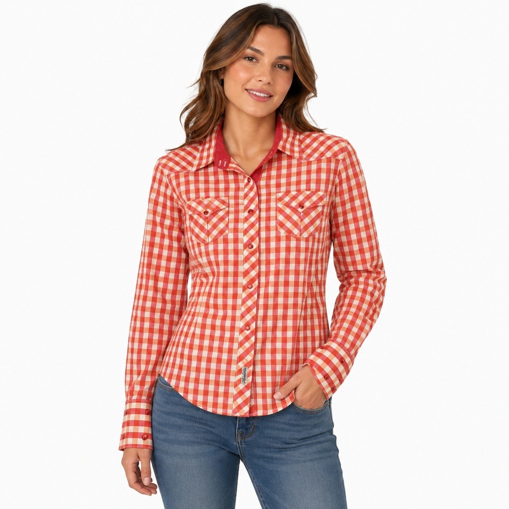 Rodeo Carte Western Snap Shirt Large Orange Prach Gingham Plaid Cotton LngSleeve